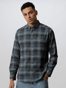 The Bear House - Men Blue And Green Checked Slim Fit Cotton Casual Shirt