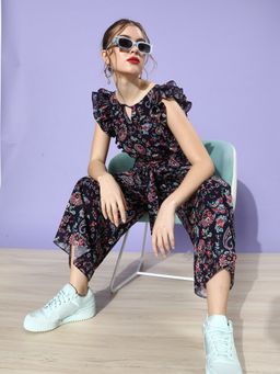 Miss Chase - Women's Black Keyhole Neck Sleeveless Floral Printed Wide Leg Jumpsuit