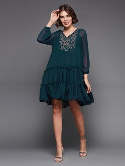 Miss Chase - Teal V-neck Full Sleeve Solid Embellished Knee Length Dress