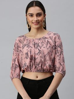 SHOWOFF - Women Round Neck Three Fourth Sleeves Printed Mauve Crop Top