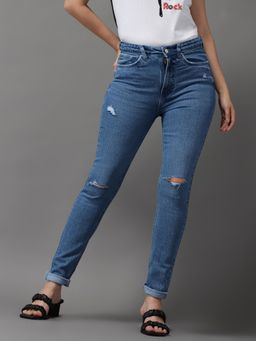 SHOWOFFFF - Womens High-rise Blue Mildly Distressed Jeans