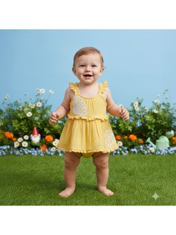 MINI KLUB - Cotton Sleeveless Shell Embroidered Dress-Mustard