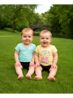 MINI KLUB - Striped And Text Printed T-shirts-Blue And Yellow (Pack of 2)