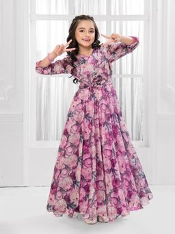 Mini Stitch - Tissue 3/4Th Sleeves Floral Party Gown-Purple