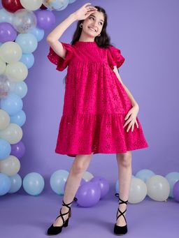 Cherry & Jerry - Tiered Flutter Sleeved Schiffli A-Line Dress-Magenta
