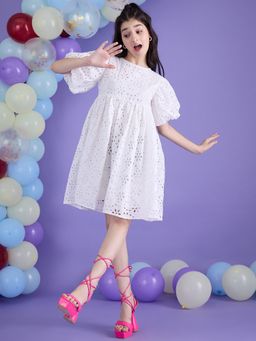 Cherry & Jerry - Schiffli Puff Sleeve A-Line Dress-White