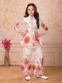 Mini Stitch - Silk Woven 3/4Th Sleeves Co-Ord Set- Off White