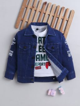 Mini Stitch - Denim Woven Full Sleeves Printed Jacket With T-shirt- Darkblue