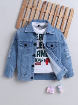 Mini Stitch - Denim Woven Full Sleeves Printed Jacket With T-shirt- Lightblue