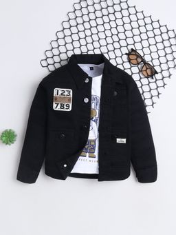 Mini Stitch - Denim Woven Full Sleeves Printed Jacket With T-shirt- Black