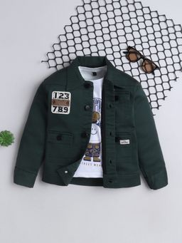 Mini Stitch - Denim Woven Full Sleeves Printed Jacket With T-shirt- Green