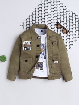 Mini Stitch - Denim Woven Full Sleeves Jacket With Printed T-shirt- Khaki
