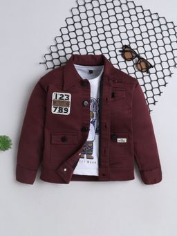 Mini Stitch - Denim Woven Full Sleeves Printed Jacket With T-shirt- Maroon