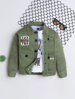 Mini Stitch - Denim Woven Full Sleeves Jacket With Printed T-shirt- Olive