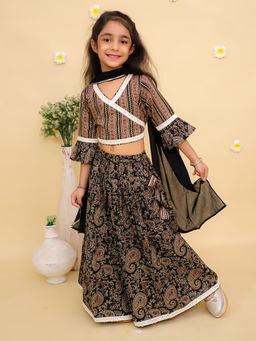 The Mom Store - Black Kalamkari Girls Top Lehenga with Dupatta