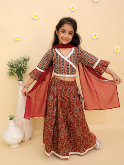 The Mom Store - Brown Kalamkari Girls Top Lehenga with Dupatta