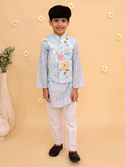 The Mom Store - Blue Megh Malhaar Boys Floral Print Kurta Jacket & Pyjama