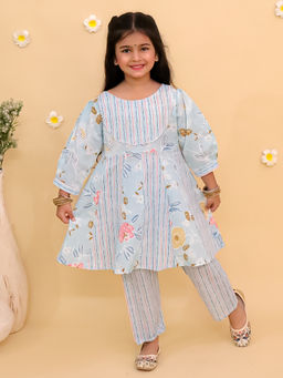 The Mom Store - Blue Megh Malhaar Girls Floral Print Anarkali Kurta with Pant