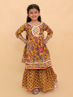 The Mom Store - Mustard Peele Phool Block Print Anarkali Kurta with Sharara