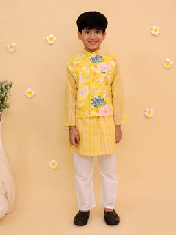 The Mom Store - Yellow Ray of Style Boys Floral Print Kurta Jacket & Pyjama