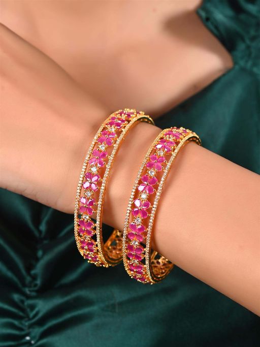 Ratnavali Jewels Gold Plated Red American Diamond Cz Floral Kada Bangle