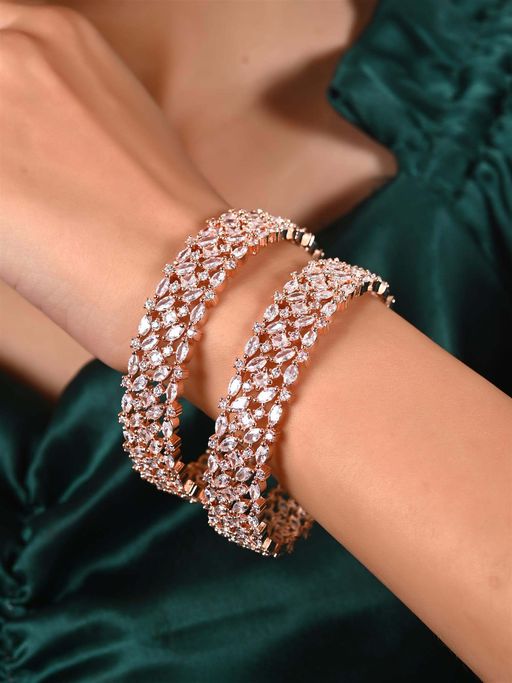 Ratnavali Jewels Rose Gold Plated White American Diamond Cz Marquise Kada Bangle