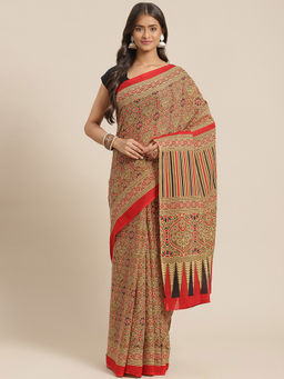 Yufta - Women Red & Black Ajrak Print Cotton Saree with Unstitched Blouse