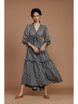 Mati - Tiered Frill Grey Striped Dress