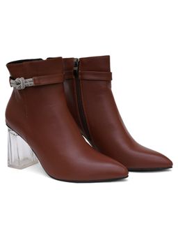 SHUZ TOUCH - Embellished Transparent Block Heel Boots - Brown