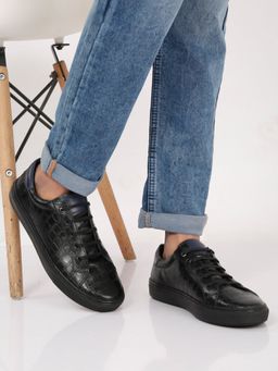 Teakwood - Men Stylish Black Lace-Up Texture Leather Sneakers