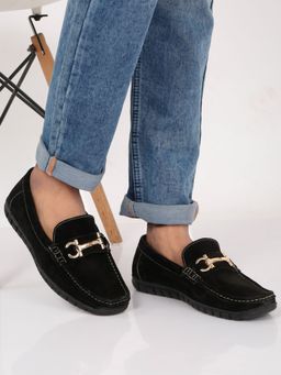 Teakwood - Men Black Suede Leather Loafers with Golden Buckle