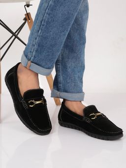 Teakwood - Men Black Suede Leather Loafers with Antique Gold Buckle