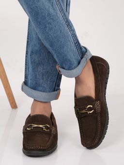 Teakwood - Men Brown Suede Leather Loafers with Antique Gold Buckle