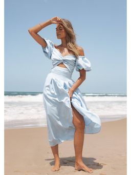 Petal & Pup - Cintra Puff Sleeve Blue Solid Dress
