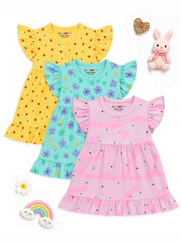 Kuchipoo - Multi-Color Cotton Blend Round Neck Floral Frock (Pack of 3)