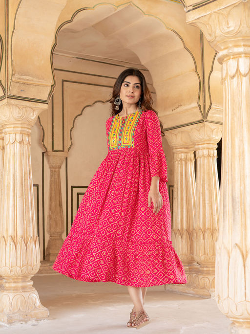 knee length dresses for ladies Bindu Mood Midi Dress – Bandhani Printed Cotton Dress with Pockets – Canoopi