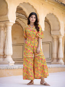 Yufta - Women Mustard Floral Printed Cotton Jumpsuit