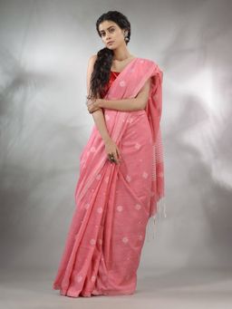 CHARUKRITI - Punch Pink Cotton Handwoven Saree with Texture Pattern & Unstitched Blouse