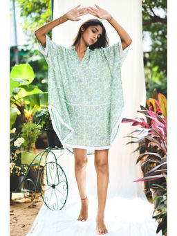 Anuvas - Hint Of Mint Green Short Printed Kaftan with Cotton Lace