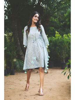 Anuvas - Mint Green Printed Short Kaftan with Tassles