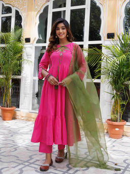 Ragavi - Fuchsia Pink Solid Cotton Gathered Kurta Pants with Dupatta (Set of 3)