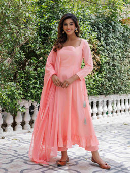 Ragavi - Peach Solid Cotton Umbrella Kurta Pants with Dupatta (Set of 3)