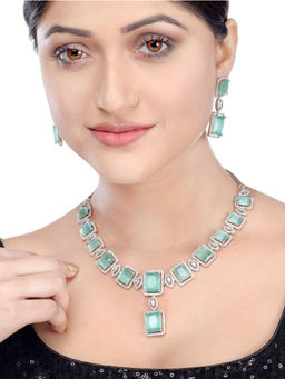 Saraf RS Jewellery - Big Turquoise Studded Handcrafted Necklace with Earrings (Set of 2)