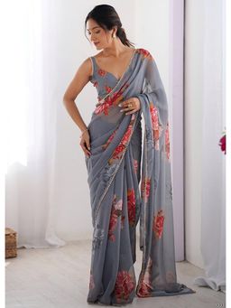 Tejasvee - Banglory Digital Print Grey Saree with Unstitched Blouse