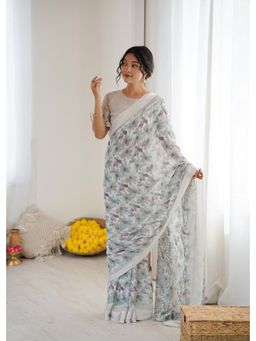 Tejasvee - Printed Off White Saree with Unstitched Blouse