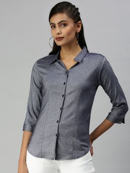 SHOWOFFFF - Women Skinny Fit Regular Sleeves Navy Blue Solid Shirt