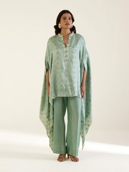 THREE-THREE - Green Pure Cotton Mandarin Neck Printed Tunic with Palazzo