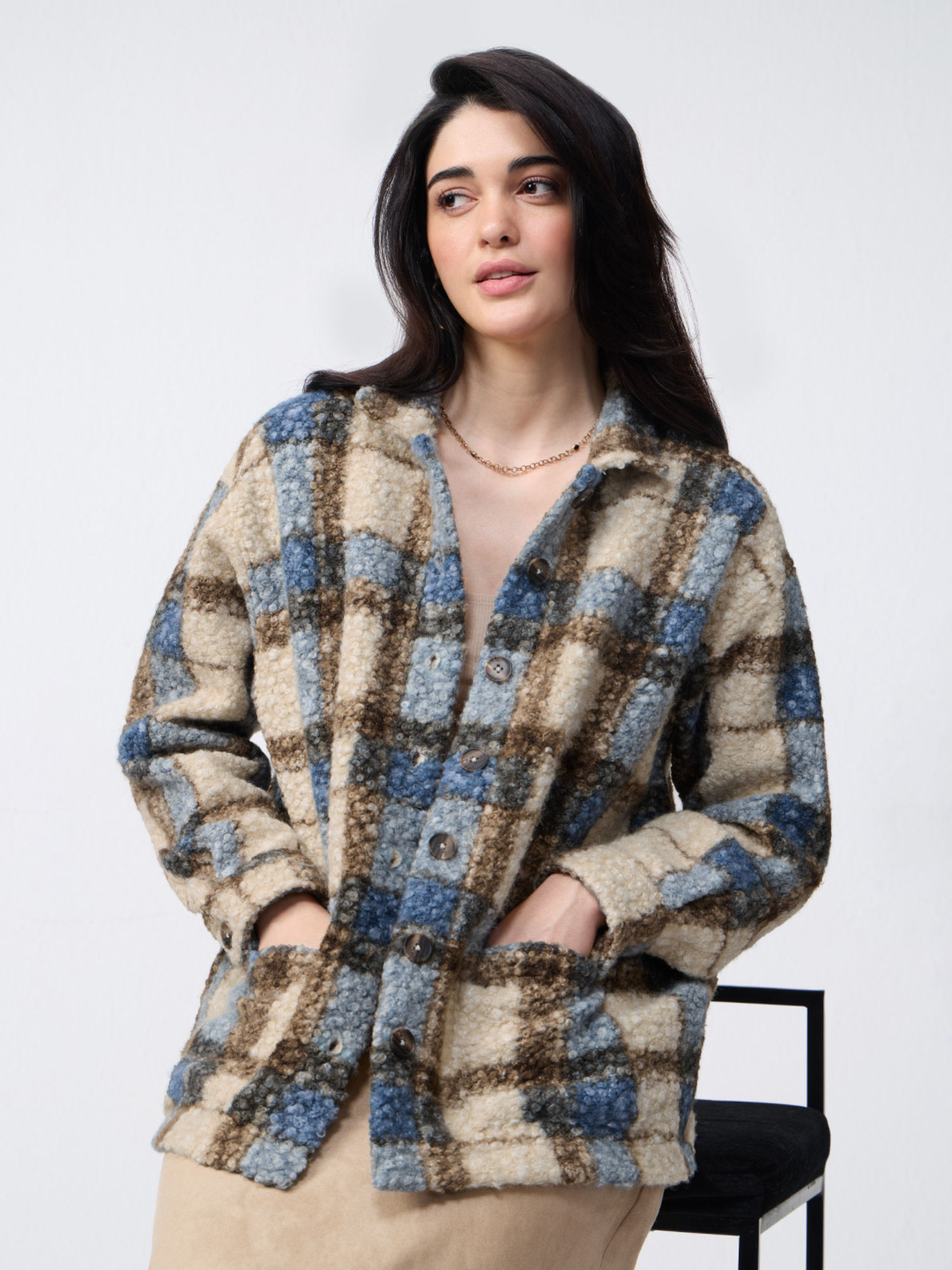 Plaid Teddy Brown Women Shackets-picture-31