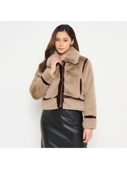 Madame - Faux Fur Trim Beige Jacket with Contrast Seams