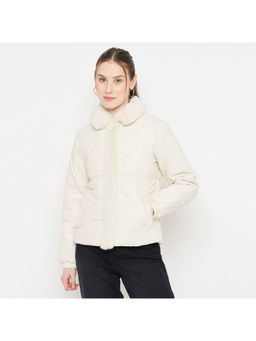 Madame - Faux Fur Collar Off White Quilted Jacket